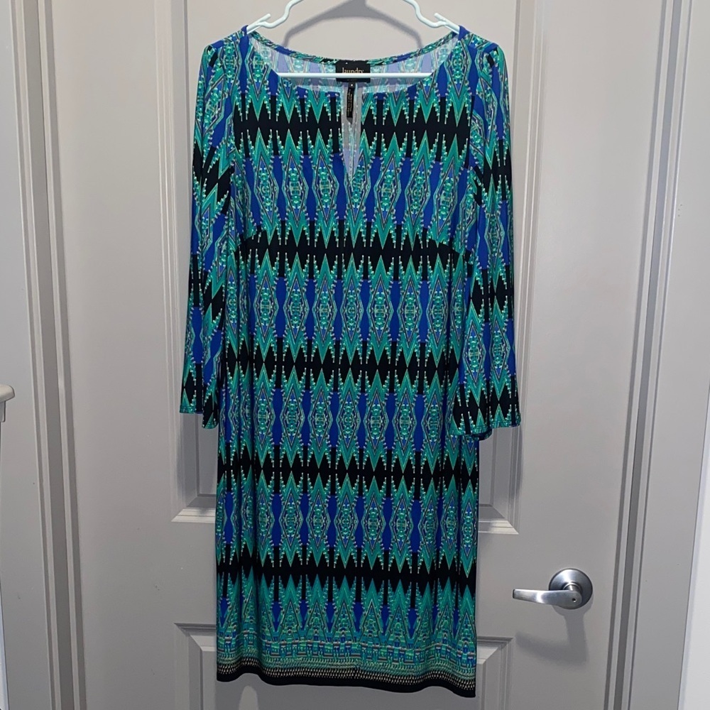 Laundry by Design Blue Green Geometric Shift Dress 8 Stretch Travel Y2K